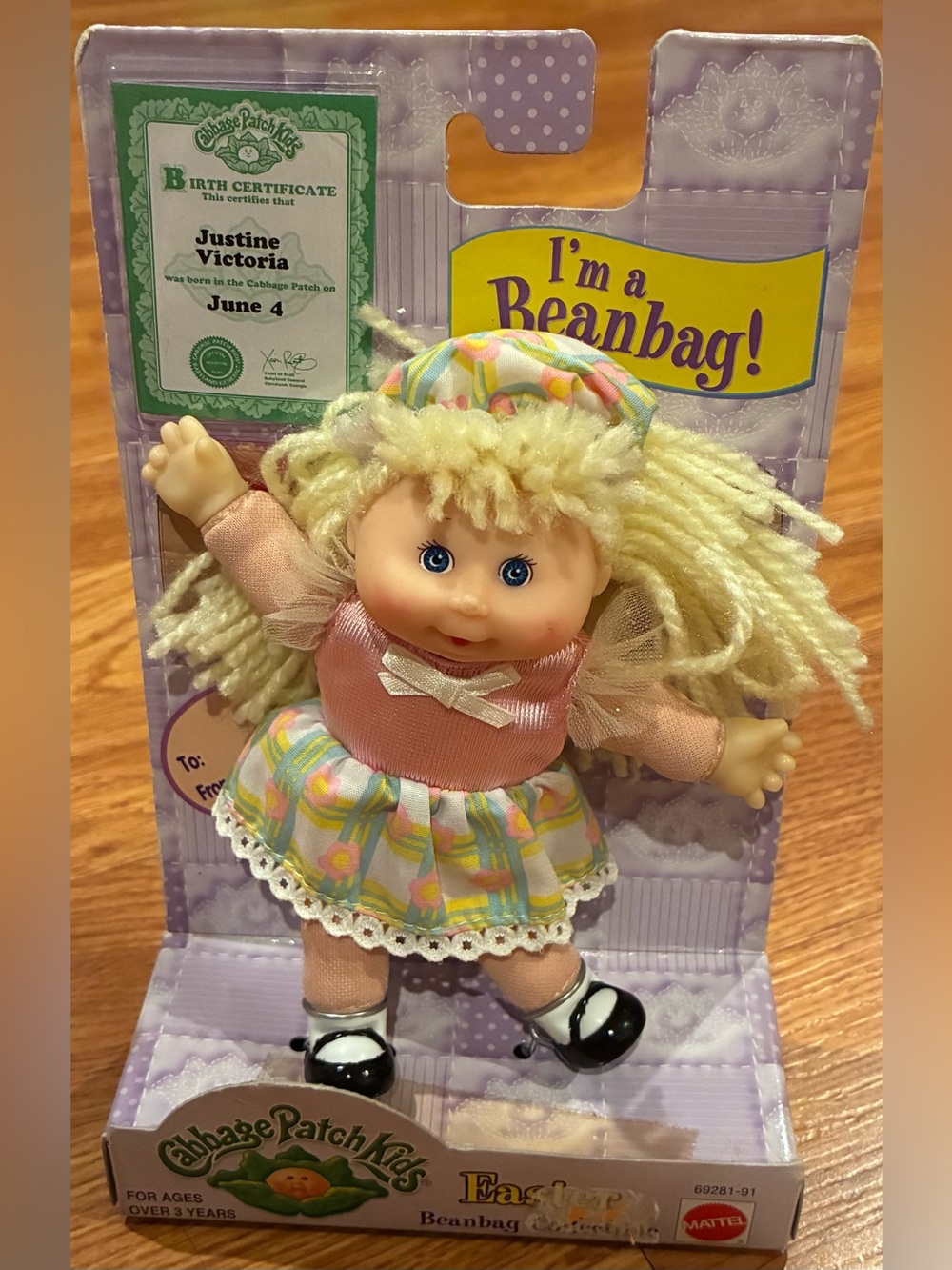Cabbage Patch Kids Justine Victoria Pink Beanbag Doll with Pastel Dress